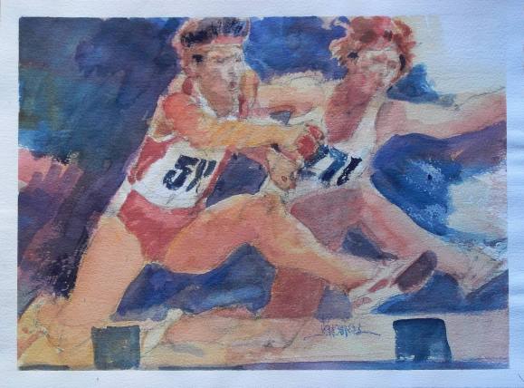 Carlos Enrique Lencinas Gómez. Watercolor on paper. “Athletes jumping hurdles”. Hand-signed. 28x38 cm.