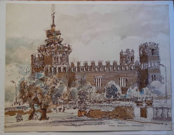Carlos Enrique Lencinas Gómez. Watercolor on paper. “Zoological Museum. Barcelona”. Hand-signed. Mounted on foam board. 50x70 cm.
