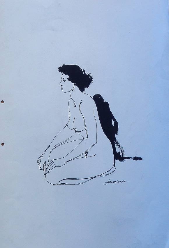 Carlos Enrique Lencinas Gómez. Ink on paper. “Female Nude”. Hand-signed. Drawing. With a drawing of two billiard players in the background. 50 x 33 cm.