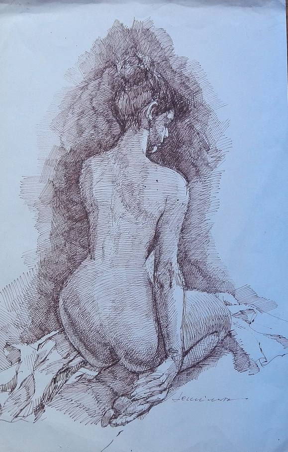 Carlos Enrique Lencinas Gómez. Ink on paper. “Female Nude”. Hand-signed. Drawing. With signed drawing on the back. 55 x 33 cm.