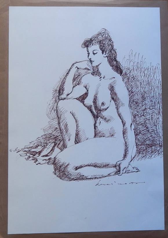 Carlos Enrique Lencinas Gómez. Ink on paper. “Female Nude”. Hand-signed. Drawing. 1976. 44x30 cm.