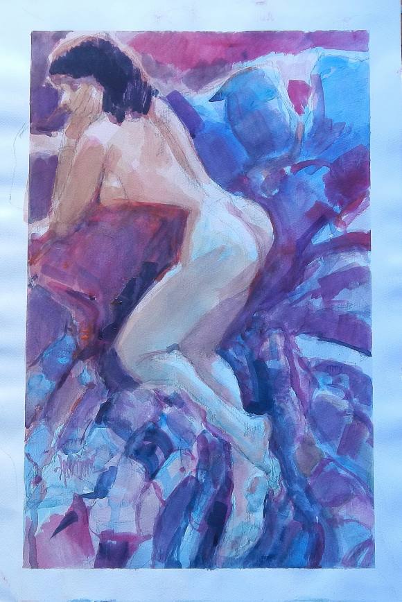 Carlos Enrique Lencinas Gómez. Watercolor on paper. “Female Nude”. Hand-signed. With watercolor on the back: Village Street. 50 x 33 cm.
