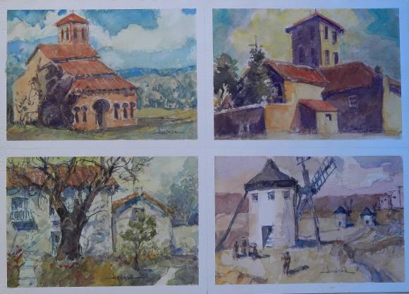 Carlos Enrique Lencinas Gómez. Watercolor on paper. “Churches. Windmills. Country house”. Hand-signed. Mounted on foam board. 4 scenes. 35x50 cm.
