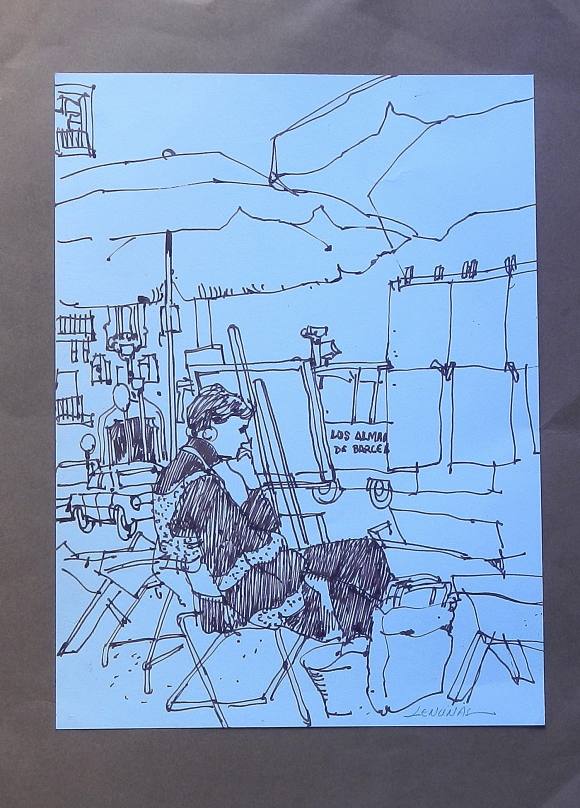 Carlos Enrique Lencinas Gómez. Ink on paper. “Painter from Barcelona”. Hand-signed. 40x30 cm mounted on cardboard. The drawing measures 32x23 cm.