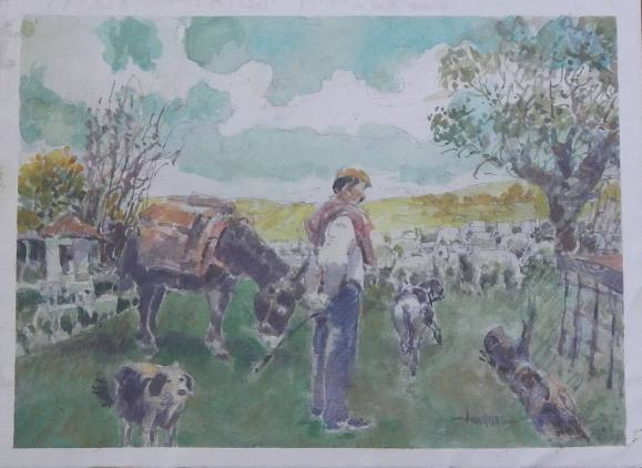 Carlos Enrique Lencinas Gómez. Watercolor on paper. “Shepherd, donkey, dog and sheep”. Hand-signed. Mounted on foam board. 28 x 38 cm.