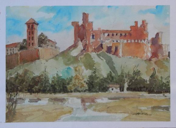 Carlos Enrique Lencinas Gómez. Watercolor on paper. “Landscape with Castle”. Hand-signed. Mounted on foam board. 36 x 26 cm.