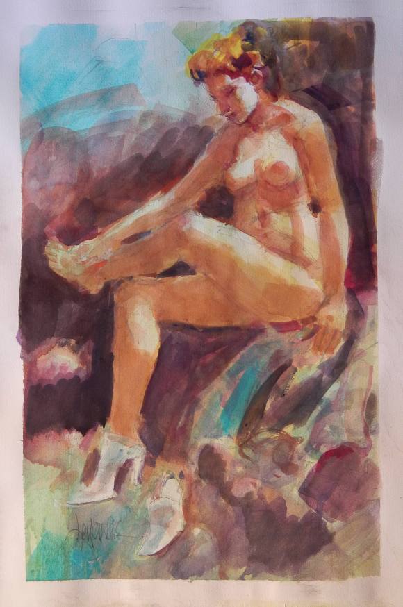 Carlos Enrique Lencinas Gómez. Watercolor on paper. “Female Nude”. Hand-signed. 50x33 cm. Unsigned couple or married couple on the back.