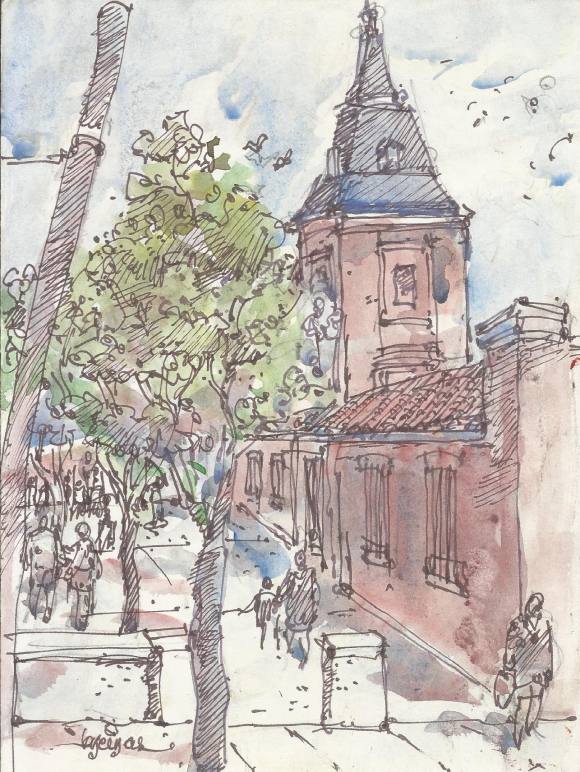 Carlos Enrique Lencinas Gómez. Watercolor and ink on paper. “Palace of Baena. New Seville”. Hand-signed. 22 x 16.5 cm.