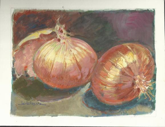 Carlos Enrique Lencinas Gómez. Watercolor on paper. “Onions. Still Life”. Hand-signed. Mounted on foam board. 22 x 16.5 cm.