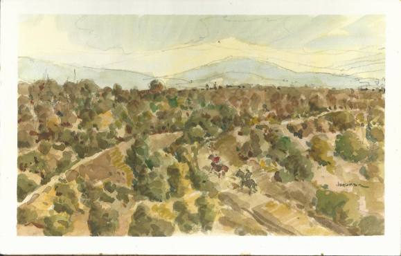 Carlos Enrique Lencinas Gómez. Watercolor on paper. “Country landscape and horses”. Signed by hand. 19 x 29.5 cm. Mounted on foam board.