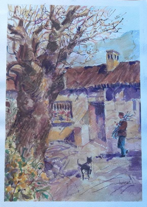Carlos Enrique Lencinas Gómez. Watercolor on paper. “House, tree, man with firewood and dog”. Hand-signed. 42x30 cm.