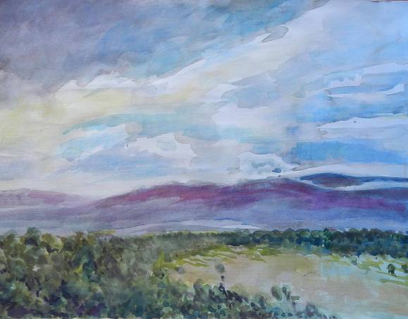 Carlos Enrique Lencinas Gómez. Watercolor on paper. “Rural landscape and blue sky”. Hand-signed. 33x43 cm.