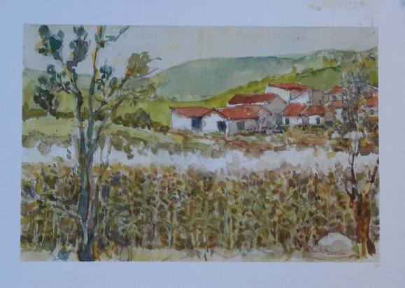 Carlos Enrique Lencinas Gómez. Watercolor on paper. “Town, cornfields and rural landscape”. Hand-signed. Mounted on foam board. 25x35 cm.