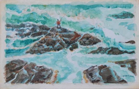 Carlos Enrique Lencinas Gómez. Watercolor on paper “Fisherman amidst the rocks and the rough sea”. Hand-signed. Mounted on foam board. 19x29 cm.