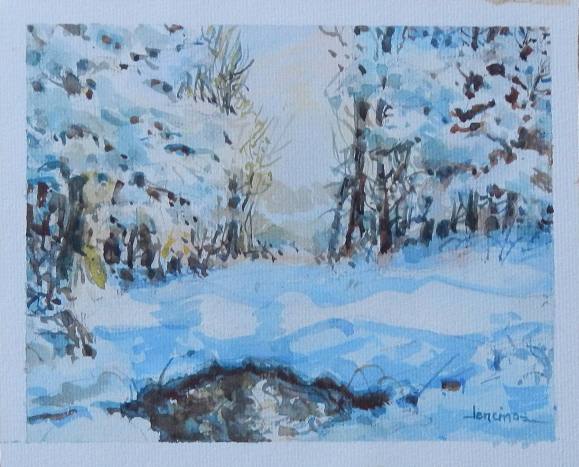 Carlos Enrique Lencinas Gómez. Watercolor on paper. “Snowy mountain landscape and trees”. Hand-signed. 24 x 29 cm. Mounted on foam board.