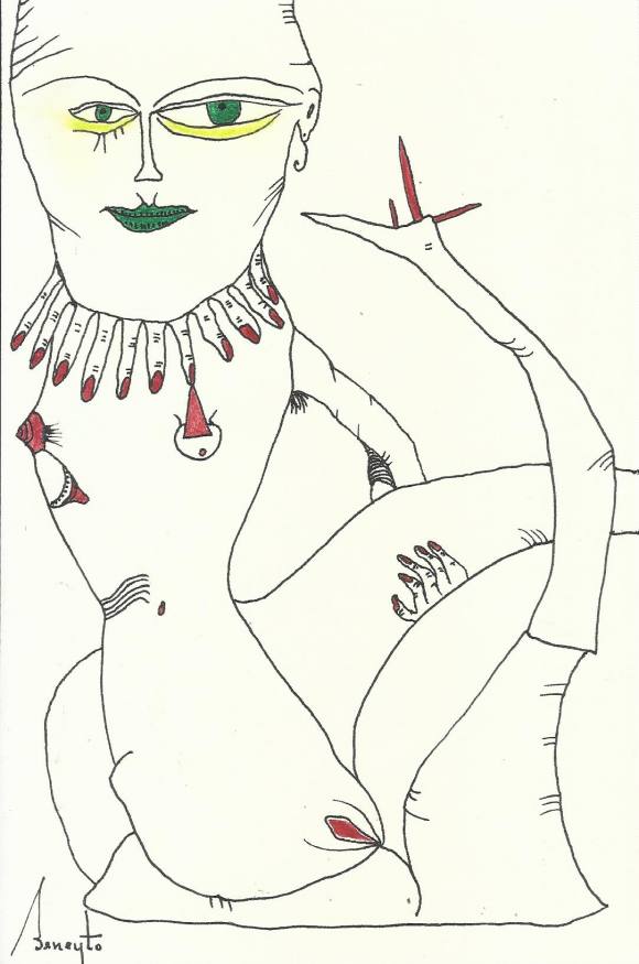 Antonio Beneyto. Ink and colored drawing on paper. Surrealism. Hand-signed. 21 x 14 cm.