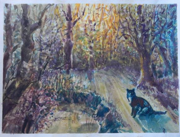 Carlos Enrique Lencinas Gómez. Watercolor on paper. “Wooded landscape and cat”. Hand-signed. 32x42 cm.