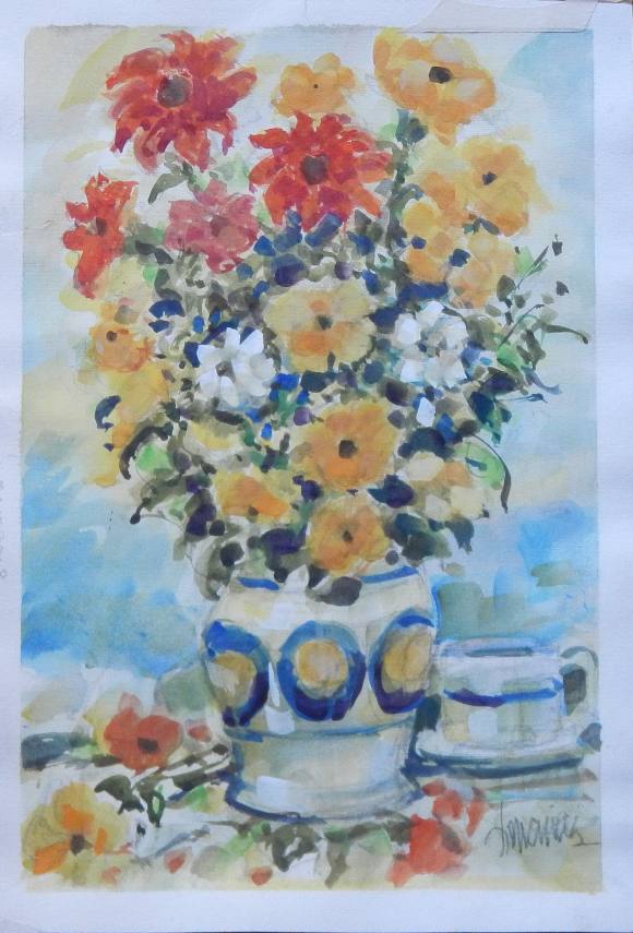 Carlos Enrique Lencinas Gómez. Watercolor on paper. “Vase with Flowers”. Hand-signed. 36x25 cm.