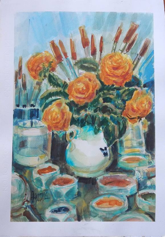 Carlos Enrique Lencinas Gómez. Watercolor on paper. “Vase with orange flowers”. Hand-signed. 50x35 cm.