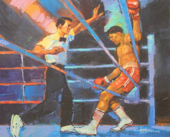 Carlos Enrique Lencinas Gómez. Acrylic on paper “Boxer in the ring”. Hand-signed. 33x41 cm.