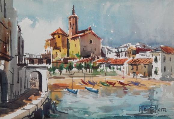 Manuel Vicente Mora. Watercolor on paper. “Cadaqués. Costa Brava”. Hand-signed. 24x35 cm.