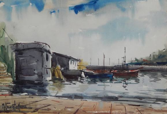 Manuel Vicente Mora. Watercolor on paper. “Nautical Club. Sant Feliu de Guixols”. Hand-signed. 24x35 cm.