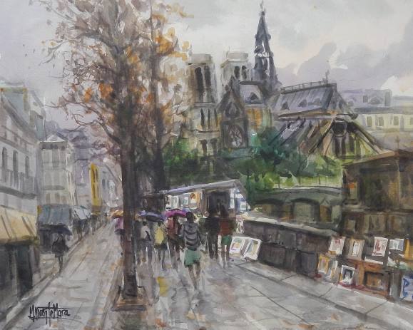 Manuel Vicente Mora. Watercolor on paper. “Notre Dame. Paris”. Hand-signed. 41 x 51 cm. Includes a drawing on the back.