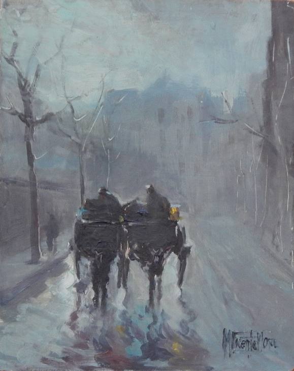 Manuel Vicente Mora. Oil on panel. “Fog and Carriage”. Hand-signed. 27x22 cm.