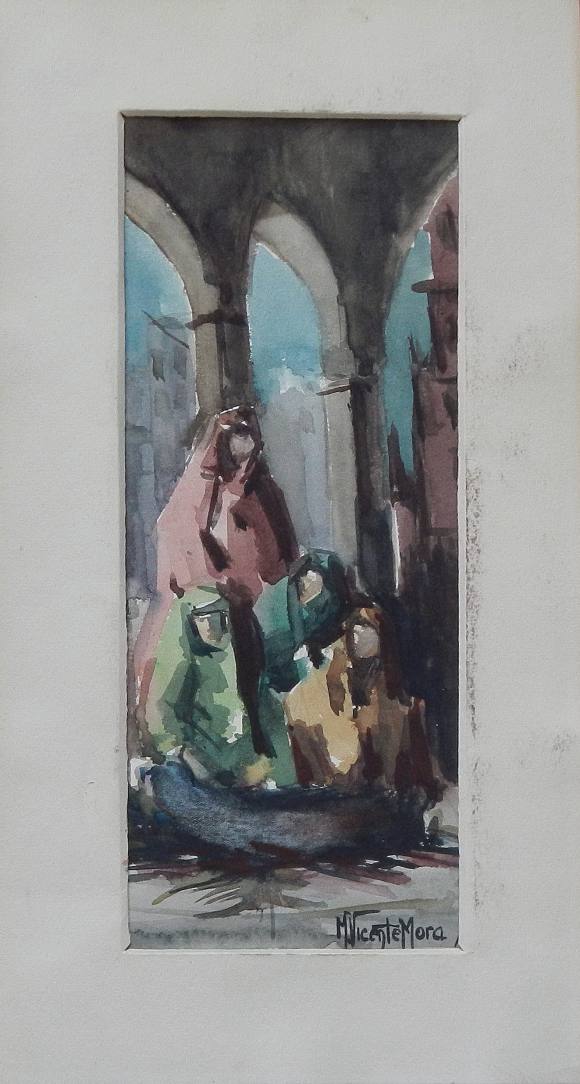 Manuel Vicente Mora. Watercolor on paper. “Nuns. Gothic arches”. Hand-signed. 33x15 cm.