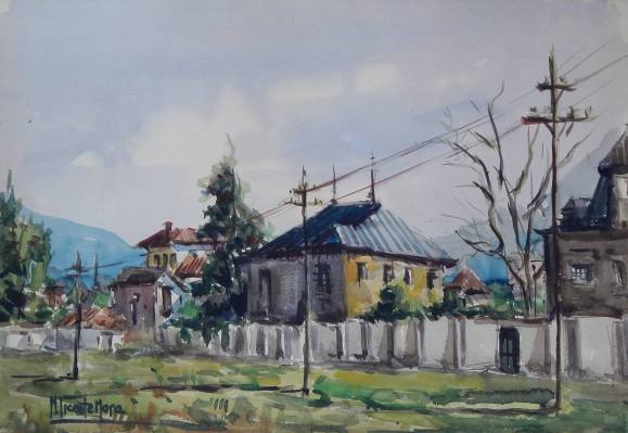 Manuel Vicente Mora. Watercolor on paper. “Village Houses”. Hand-signed. 35x50 cm.