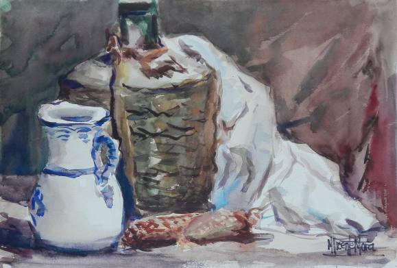 Manuel Vicente Mora. Watercolor on paper. “Still Life: Jug and Wine Carafe”. Hand-signed. 35x50 cm. With drawing on the back.