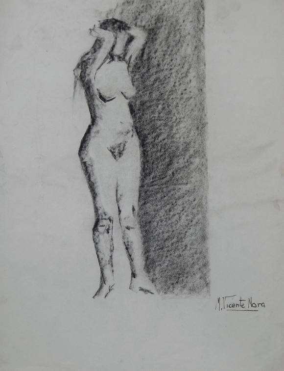 Manuel Vicente Mora. Charcoal on paper. “Female Nude”. Hand-signed. 43x34 cm.