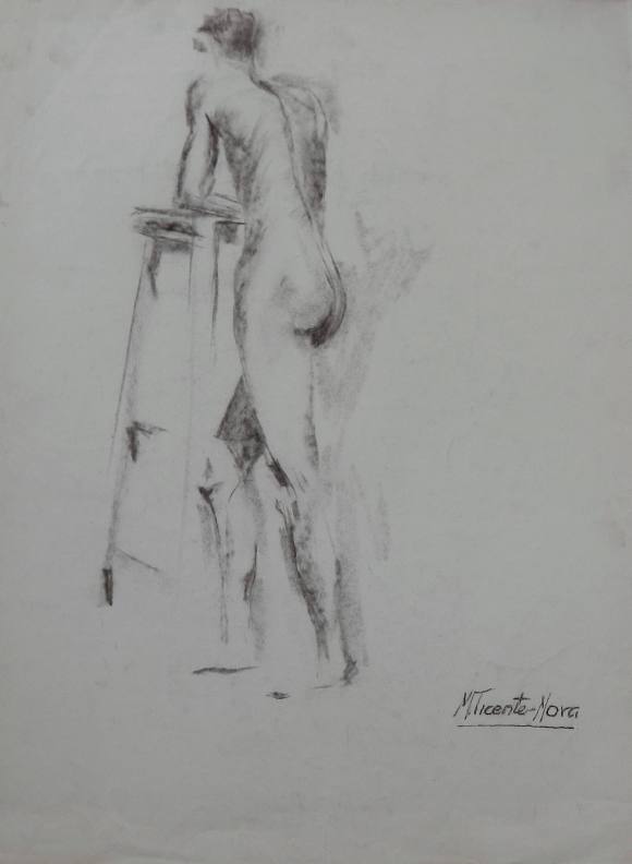 Manuel Vicente Mora. Charcoal on paper. “Male Nude”. Hand-signed. 43x34 cm.