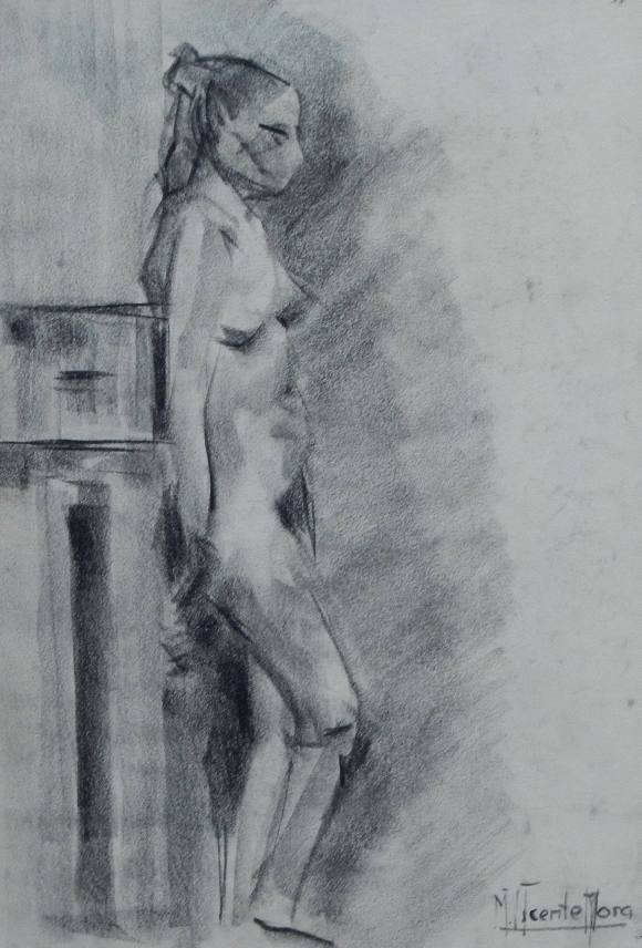 Manuel Vicente Mora. Charcoal on paper. “Female Nude and Faces”. Hand-signed. 31x22 cm.