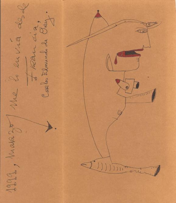 Antonio Beneyto. Ink and colored drawing on paper. Surrealism. Hand-signed. 21.5 x 18.5 cm. 1999.