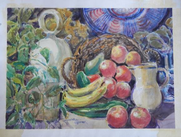 Carlos Enrique Lencinas Gómez. Watercolor on paper. “Still life with fruit, jug and water pitcher”. Signed by hand. 45x61 cm.