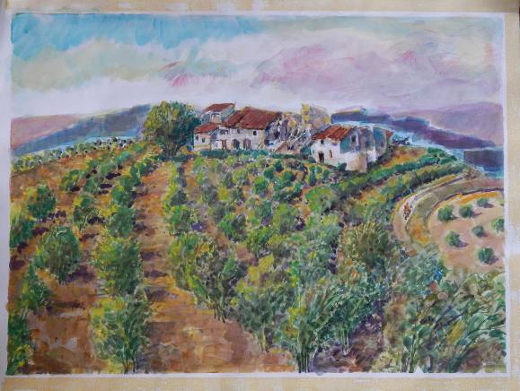 Carlos Enrique Lencinas Gómez. Watercolor on paper. “House, terraces and plantation”. Hand-signed. 45x61 cm.