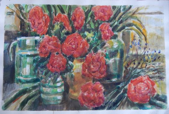 Carlos Enrique Lencinas Gómez. Watercolor on paper. “Red Flowers and Vases”. Unsigned. 38x56 cm.