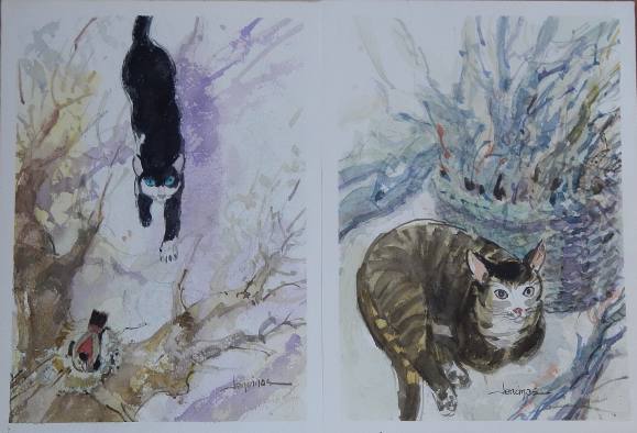 Carlos Enrique Lencinas Gómez. Watercolor on paper. “Two scenes with cats”. Hand-signed. Mounted on foam board. 34 x 50 cm.