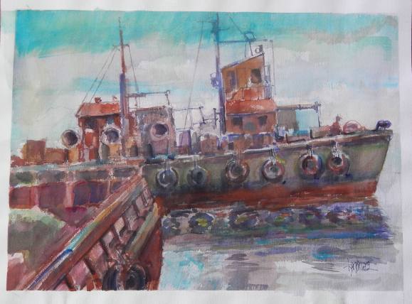 Carlos Enrique Lencinas Gómez. Watercolor on paper. “Boats and Sea”. Hand-signed. 46 x 61 cm. With a watercolor rural landscape on the back.