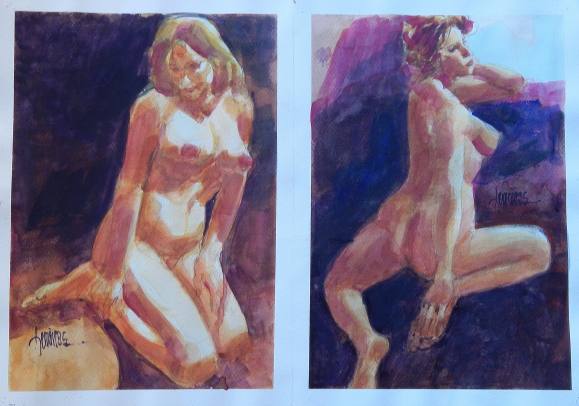 Carlos Enrique Lencinas Gómez. Watercolor on paper. “Two female nudes”. Hand-signed. 35x50 cm.