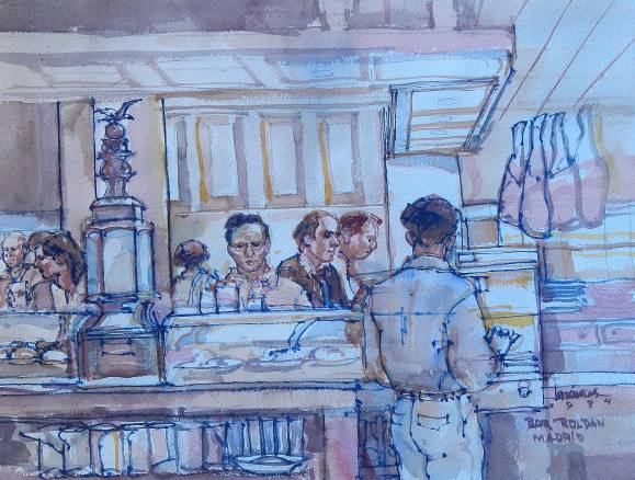 Carlos Enrique Lencinas Gómez. Watercolor on paper. “Bar Roldán. Madrid. 1994”. Hand-signed. 31x41 cm.